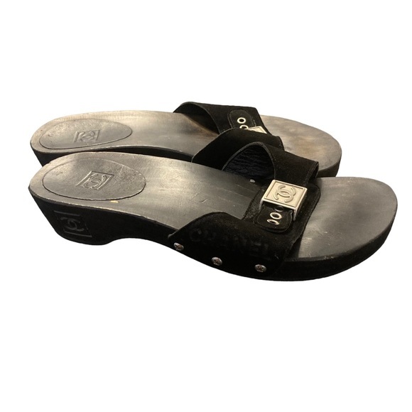 Vintage Chanel Sandals Black CC Mules Wooden Clogs Size 37 - Picture 8 of 8